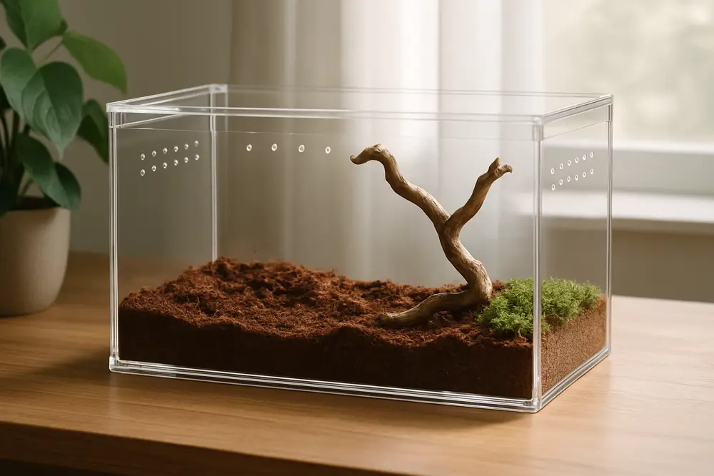 Jumping spider enclosure set up with substrate and climbing branch for a Salticidae habitat